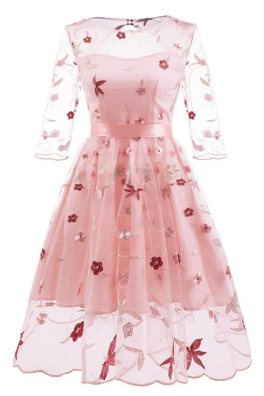 Vintage Pearl Pink Embroidery Party Dress with Illusion Sleeves Boatneck Modish Everyday