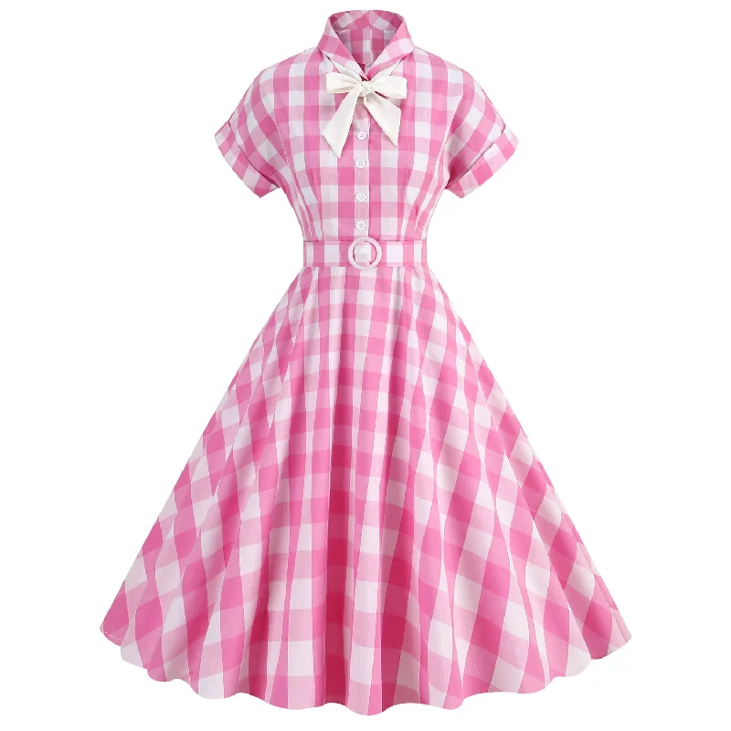 Vintage Pink Plaid Short Sleeves Party Dress With Bowknot Tunics Bridal satin