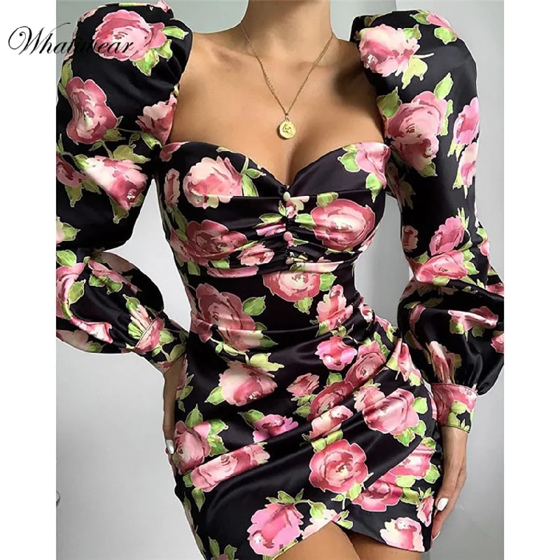 Whatiwear 2019 Summer Mini Dress Print Flower Party Dress Streetwear Women Button Puff Sleeve Vestidos de festa Tunics Chic elegant