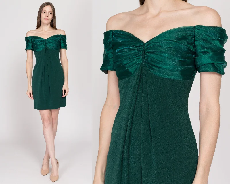 XS 90s Emerald Green Off-Shoulder Party Dress Tunics Luxurious high-end