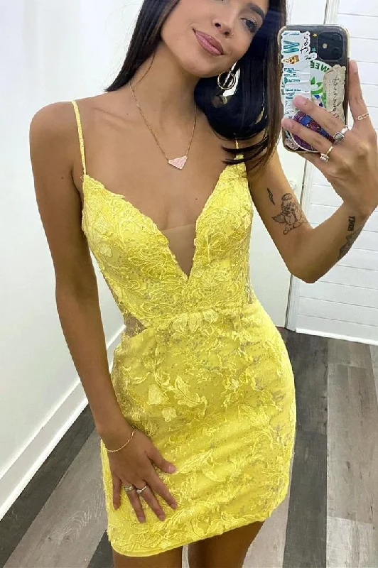 Yellow Lace Straps Bodycon Party Dress Tunics Review highly
