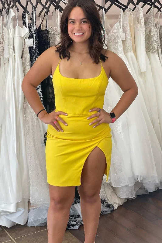 Yellow Scoop Neck Lace-Up Short Party Dress with Slit Tunics Fashionable trendy