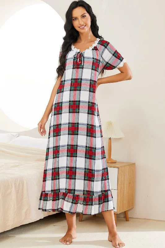 Plaid Lace Trim Ruffle Hem Night Dress Tunics Trousers formal