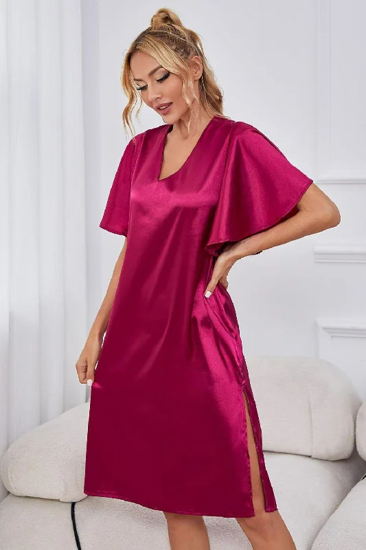 Satin Flutter Sleeve Side Slit V-Neck Night Dress Tunics Chinos classic