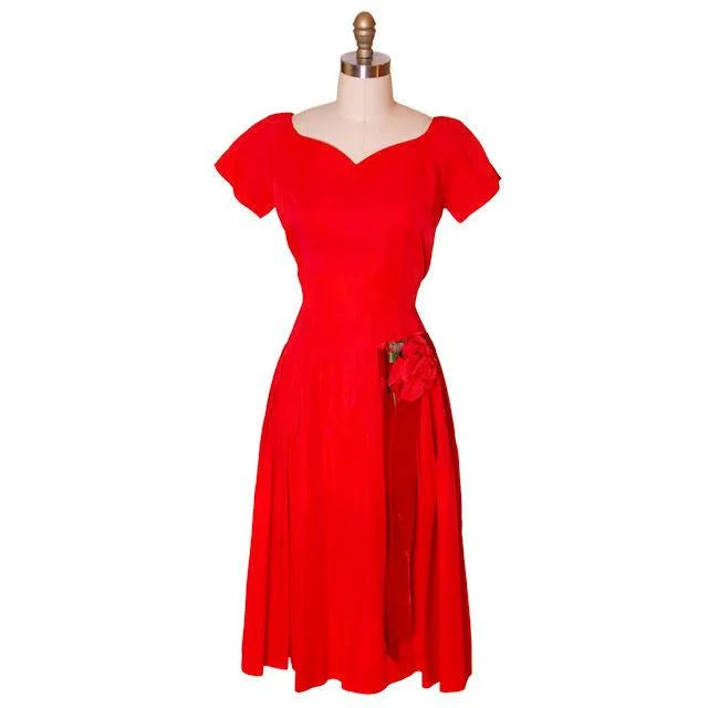 Vintage MCM Red Rayon Satin Party Dress Gay Gibson 1950s 35-28-Free Tunics Leisure comfortable