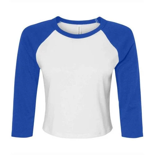 Bella + Canvas Womens/Ladies Contrast Panel Micro-Rib Raglan 3/4 Sleeve Crop Top Chenille Blend Fleece Blend Nylon Blend