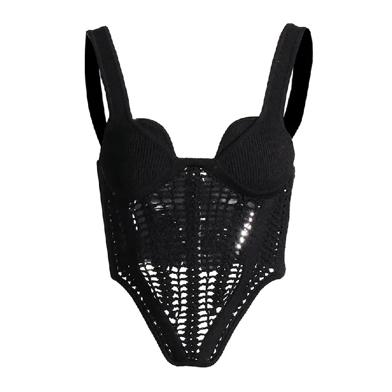Edgy Sweetheart Neck Suspender Strap Crochet Knit Corset Crop Top Mesh Blend Leather Blend Suede Blend