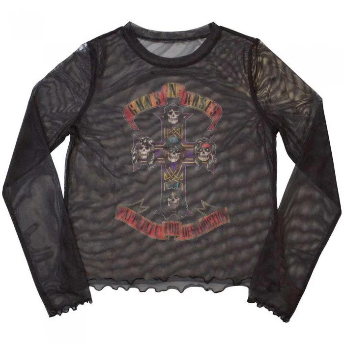 Guns N Roses Womens/Ladies Appetite For Destruction Mesh Long-Sleeved Crop Top Rayon Velvet Corduroy