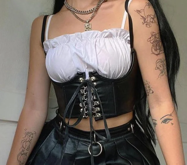 Streetwear Goth Crop top | Dark Faux Leather Crop Top | Cummerbunds Corset | Punk Style Collared Crop Top Boat Neck A-Line
