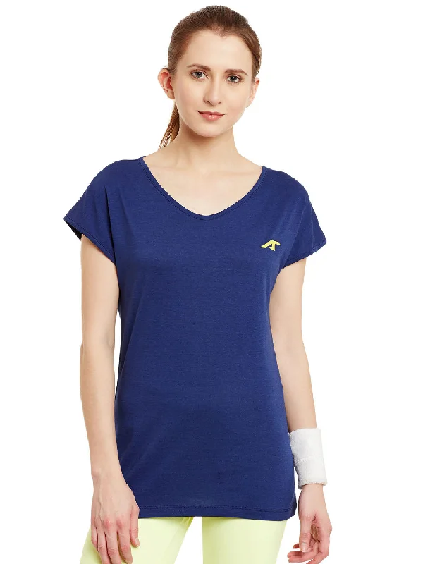 Alcis Women Blue Core Response Solid V-Neck T-shirt Cozy Warm Stylish