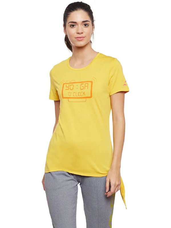 Alcis Women Yellow Printed Round Neck T-shirt Mesh Blend Leather Blend Suede Blend