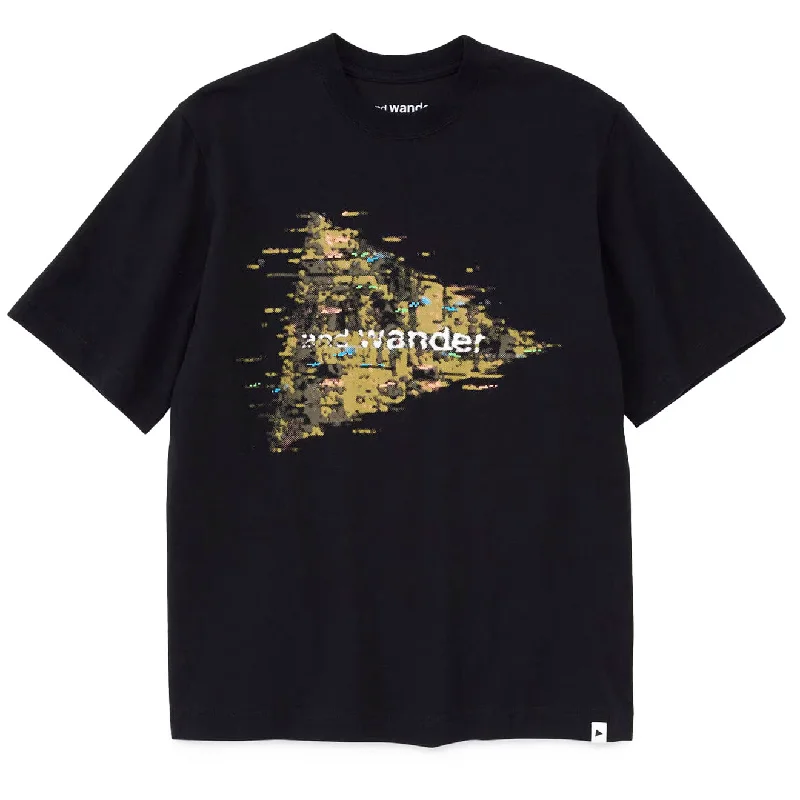 And Wander Womens Noizy Logo Printed T-Shirt Black Chenille Blend Fleece Blend Nylon Blend