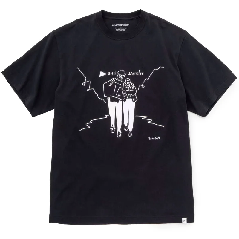 And Wander Womens Yu Nagaba Printed T-Shirt Black Beaded Sequined Faux Fur