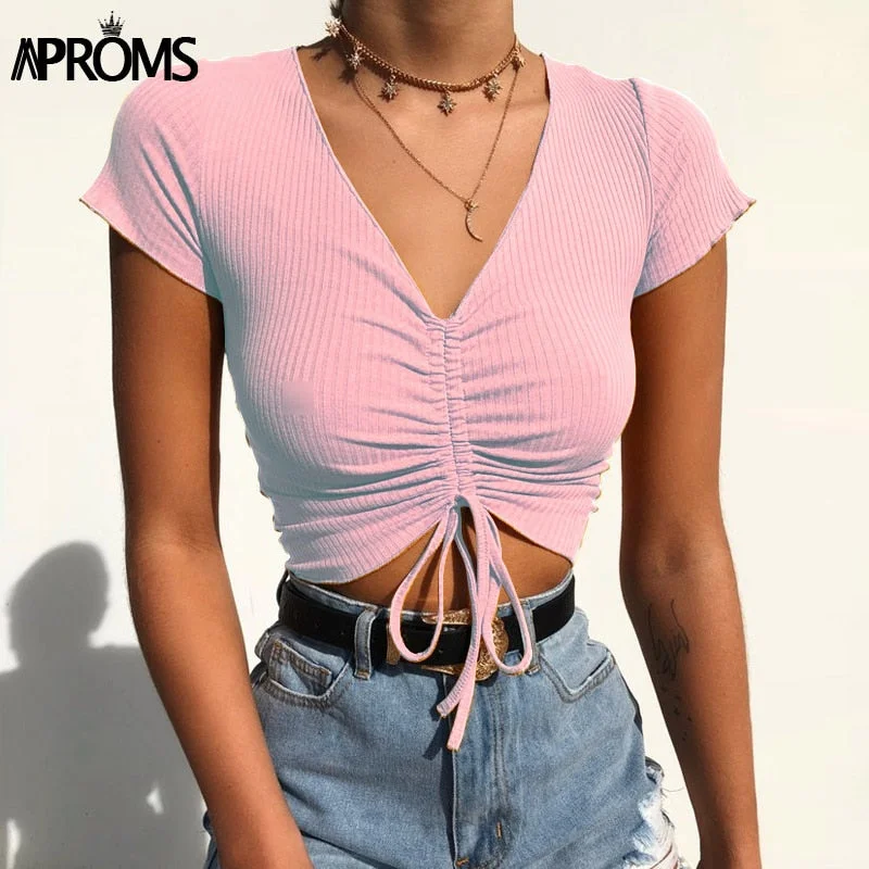 Aproms Sexy V Neck Cropped Tank Tops Women Drawstring Tie Up Front Camis Candy Colors Streetwear Slim Fit Ribbed Crop Top 2020 Front Pockets Side Pockets Patch Pockets