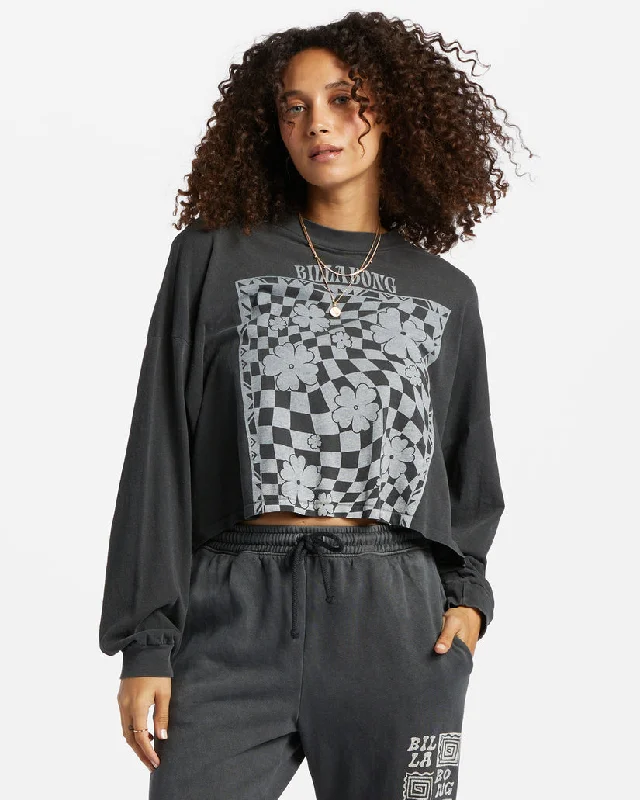 Billabong Beach Boyfriend Long Sleeve Crop Top - BLACK PEBBLE Layered Multi-layer Single Layer