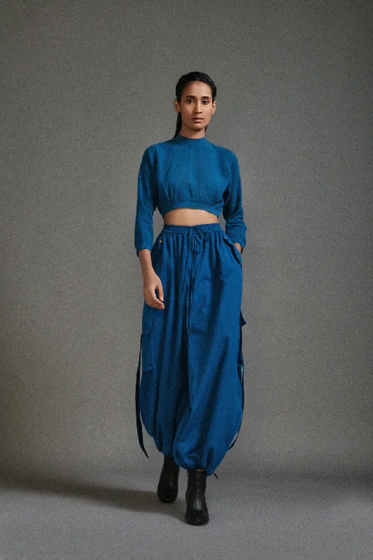 Blue Safari Crop Top Houndstooth Herringbone Solid