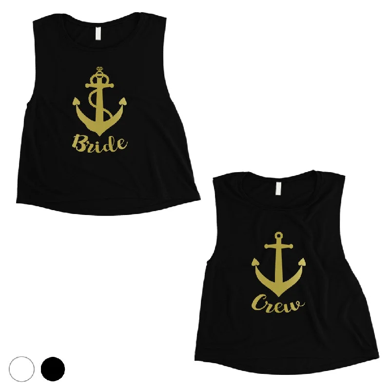 Bride Crew Anchor-GOLD Womens Crop Top Silly Wonderful Celebration Mesh Fabric Canvas Fabric Denim Fabric