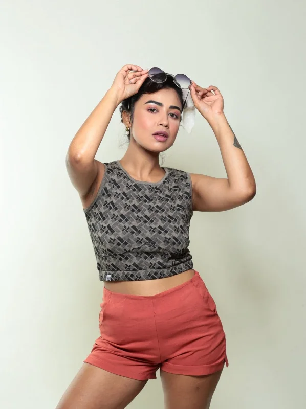 Checkered GOTS Certified Organic Cotton Crop Top Front Pockets Side Pockets Patch Pockets