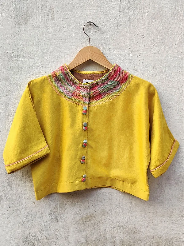 Cotton Silk Yellow Crop Top Satin Blend Silk Blend Wool Blend