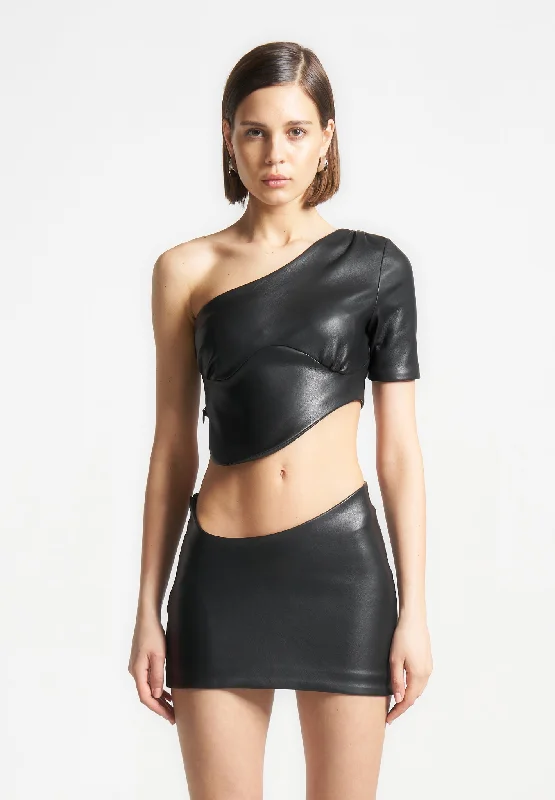 Curved Hem Leather Crop Top - Black Handmade Hand-knitted Hand-woven