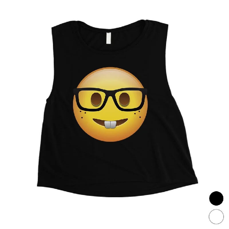 Emoji-Nerd Womens Cute Thoughtful Nice Halloween Crop Top Gag Gift Mesh Canvas Denim