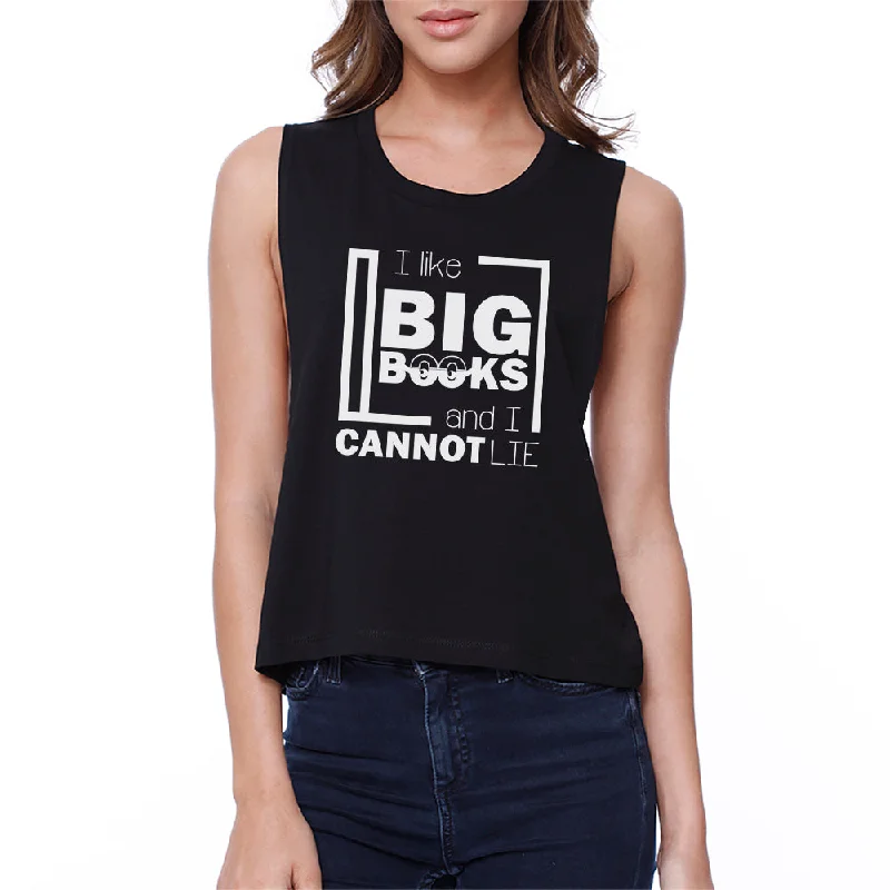 I Like Big Books Cannot Lie Womens Black Crop Top Sequined Glittery Shiny