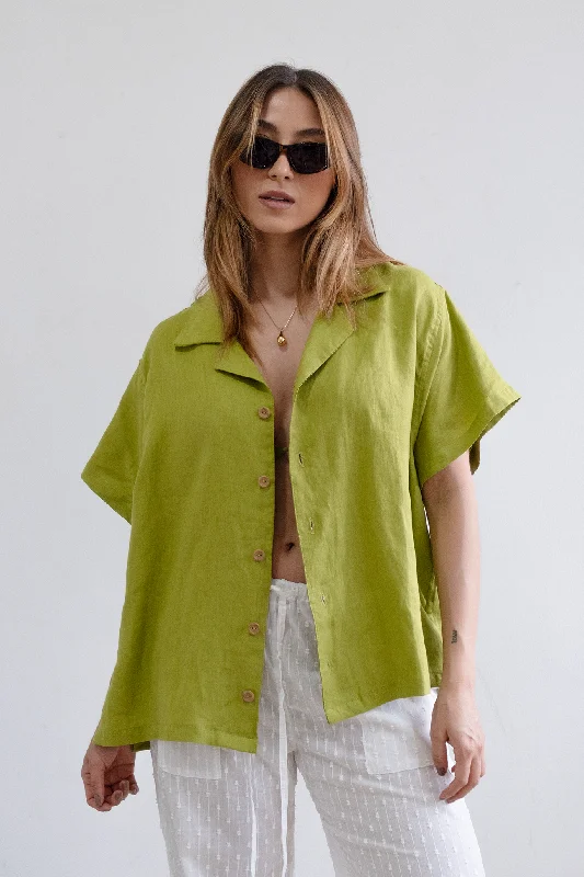 Isla Linen Shirt | Pear Green Houndstooth Herringbone Solid
