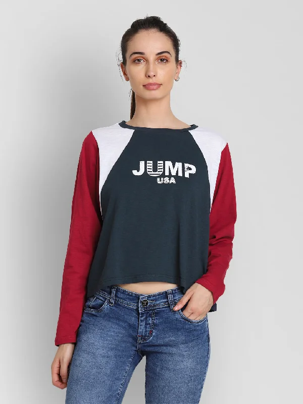 JUMP USA Women Navy Blue Self Design Crop Top Notch Collar Peter Pan Collar Cowl Neck