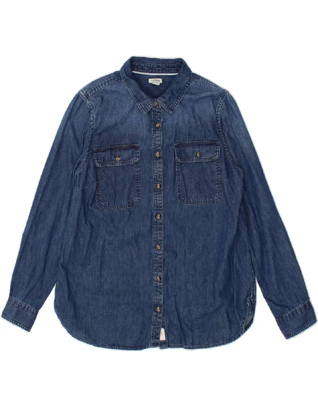 L.L.BEAN Womens Denim Shirt UK 14 Medium Blue Cotton Seamless Knitted Crochet