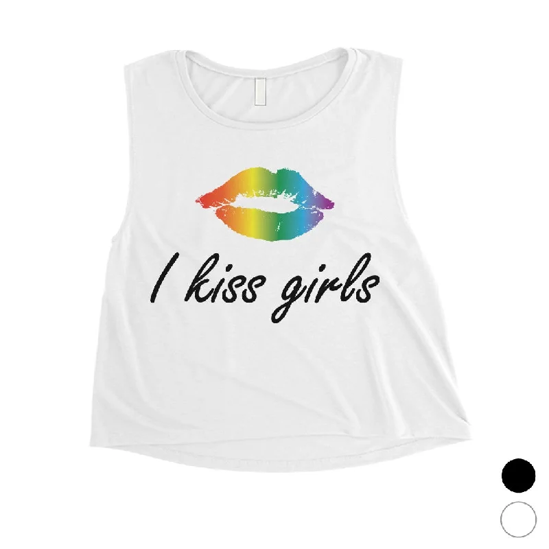 LGBT Kiss Girls Rainbow Lips Womens Crop Top Collared Crew Neck Turtle Neck