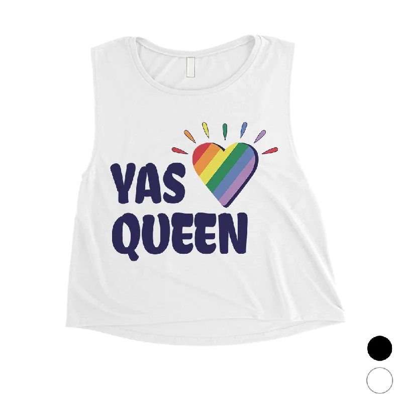 LGBT Yas Queen Rainbow Heart Womens Crop Top Front Pockets Side Pockets Patch Pockets