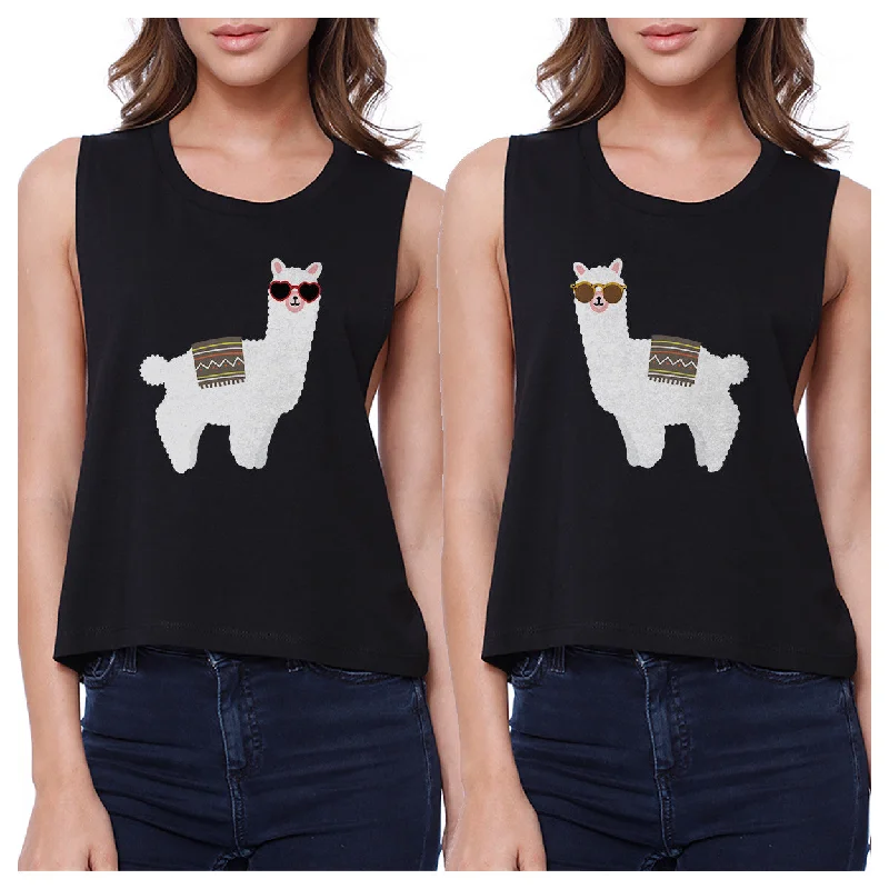 Llamas With Sunglasses BFF Matching Black Crop Tops Spandex Blend Rayon Blend Denim Blend