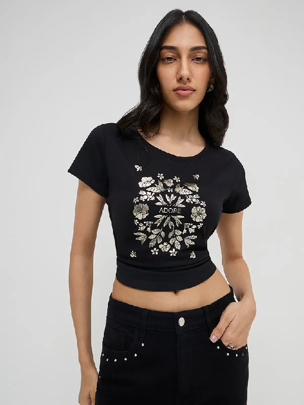 LOV Black Floral Printed Cotton T-Shirt Collared T-Shirt Boat Neck A-Line