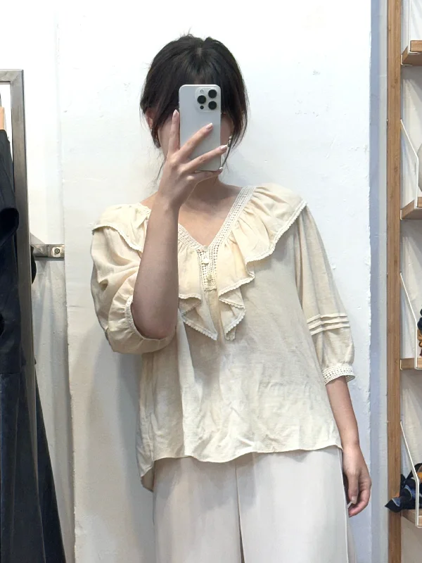 Organic Cotton Doll Collar Cream Shirt Ribbed Striped Patterned