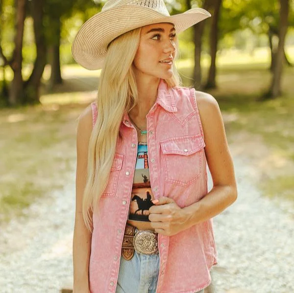 Pink Mineral Wash Denim Button Down Sleeveless Shirt - Bourbon Cowgirl Front Pockets Side Pockets Patch Pockets