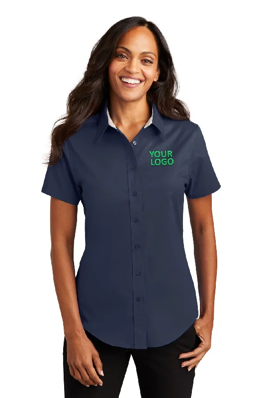 Port Authority Ladies Short Sleeve Easy Care Branded Shirts, Navy/Light Stone Elasticated Padded Insulated