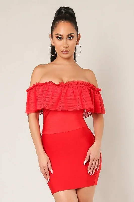 Red Off Shoulder Ruffled Bandage Crop Top Houndstooth Herringbone Solid