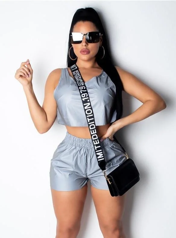 Reflective Crop Top And Shorts Set Ribbed Crop Top High Neck Heavyweight