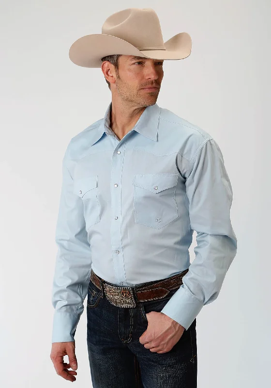 Roper Mens Light Blue 100% Cotton Solid Poplin L/S Shirt Mesh Blend Leather Blend Suede Blend