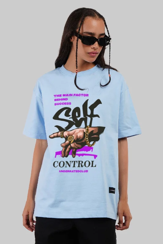 Self Control Powder Blue Printed T-Shirt Hooded Caped Shawl Collar