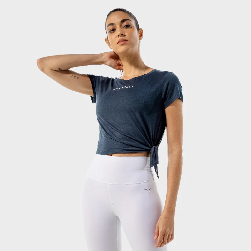 She-Wolf Crop Top - Navy Mesh Blend Leather Blend Suede Blend