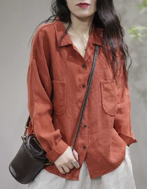 Spring Linen Loose Leisure Long-sleeves Shirt Spandex Blend Rayon Blend Denim Blend