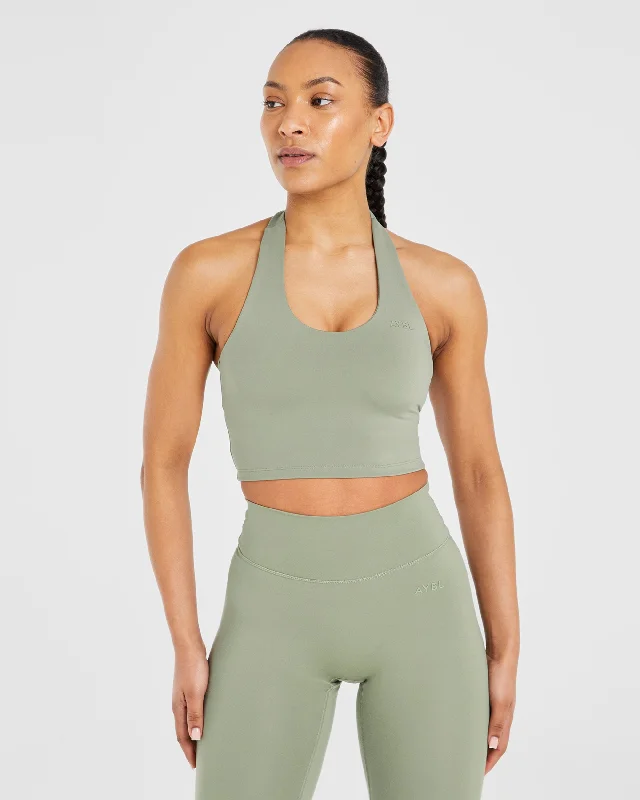 Staple Halterneck Crop Top - Olive Green Mesh Fabric Canvas Fabric Denim Fabric