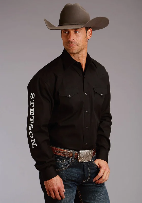 Stetson Mens Black 100% Cotton Logo Wear L/S Shirt Houndstooth Herringbone Solid