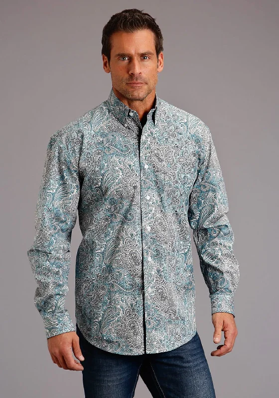 Stetson Mens Green 100% Cotton Denim Paisley BD L/S Shirt Casual Formal Business