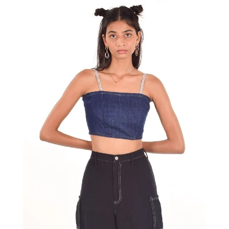 Upcycled Khadi Denim Crop Top - Dark Blue Asymmetrical Pockets Print