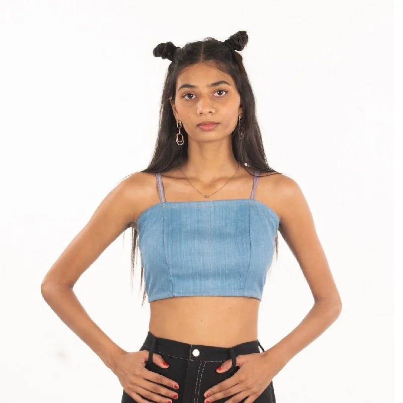 Upcycled Khadi Denim Crop Top - Light Blue Collared Crop Top Boat Neck A-Line