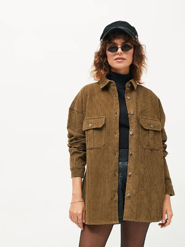 Women Brown Corduroy Oversized Shirt Sequined Glittery Shiny