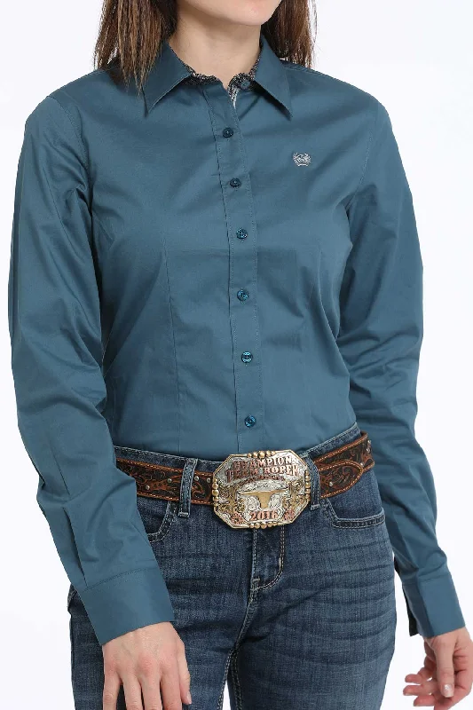 Women's Cinch MSW9165060 Teal Solid Button Down Western Shirt Knit Fabric Woven Fabric Fleece Fabric