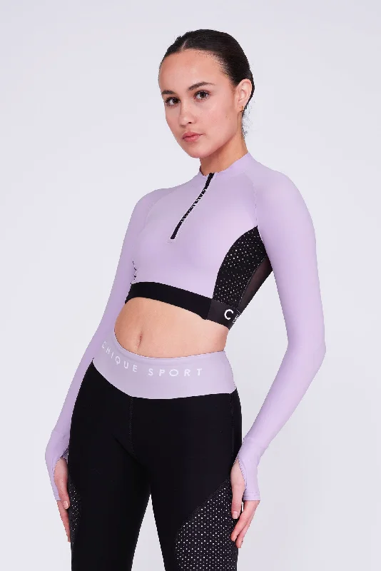 Ignite Long-Sleeve Crop Top in Amethyst Print Jacquard Patchwork